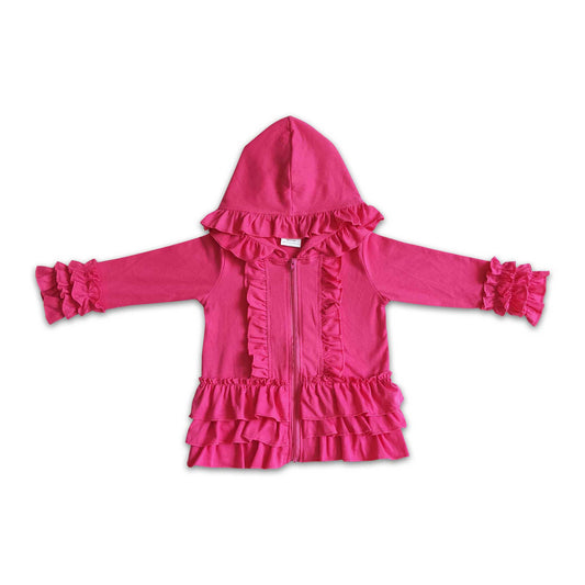 Solid hot pink zipper jacket girls ruffle hoodie cardigan
