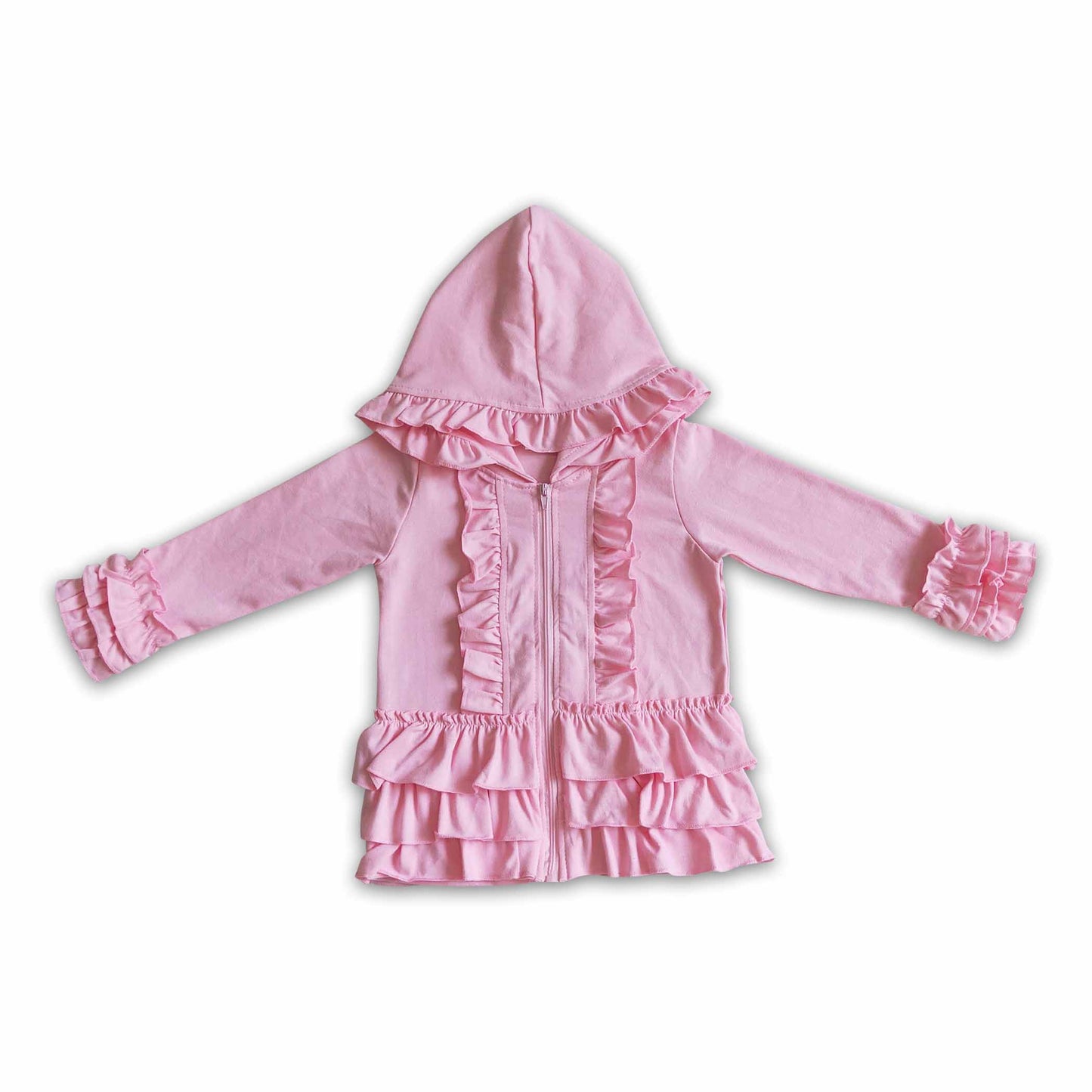 Solid pink zipper jacket girls ruffle hoodie cardigan