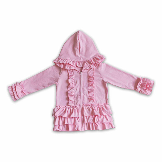Solid pink zipper jacket girls ruffle hoodie cardigan