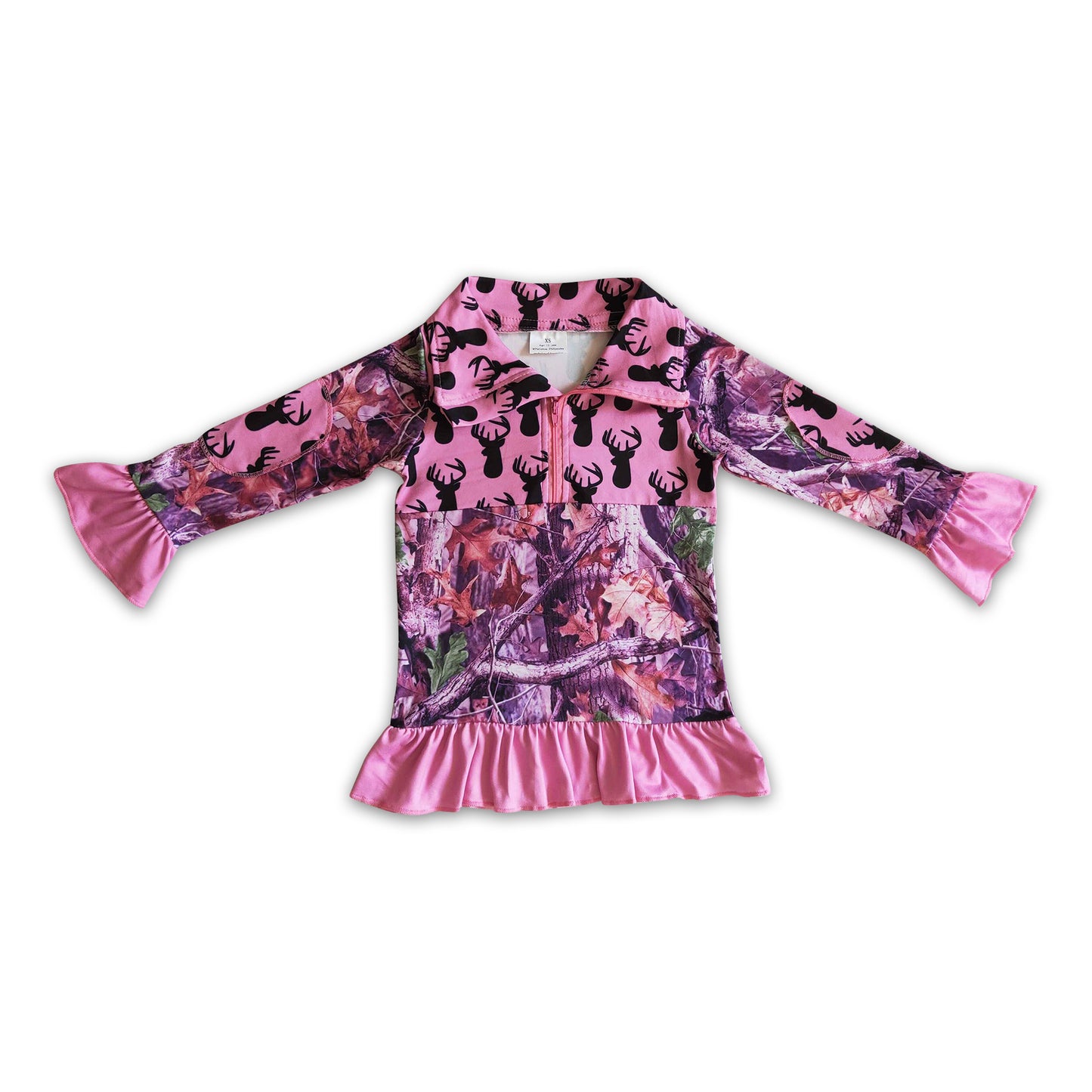 Pink deer camo kids girls zipper pullover