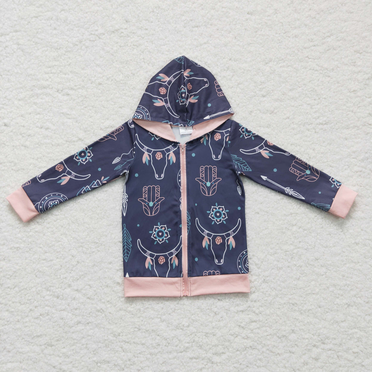 Bull skull feather zipper hoodie girls western jacket