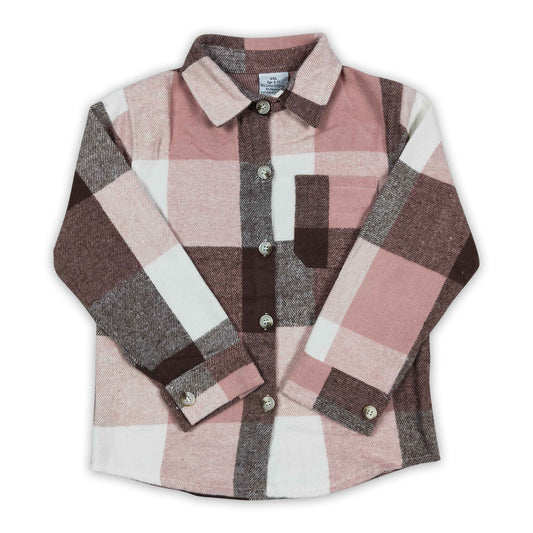 Pink plaid cotton pocket girls Valentine's flannel button up shirt
