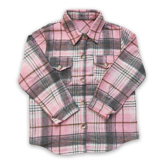 Pink plaid cotton pockets baby girls Valentine's flannel button up shirt
