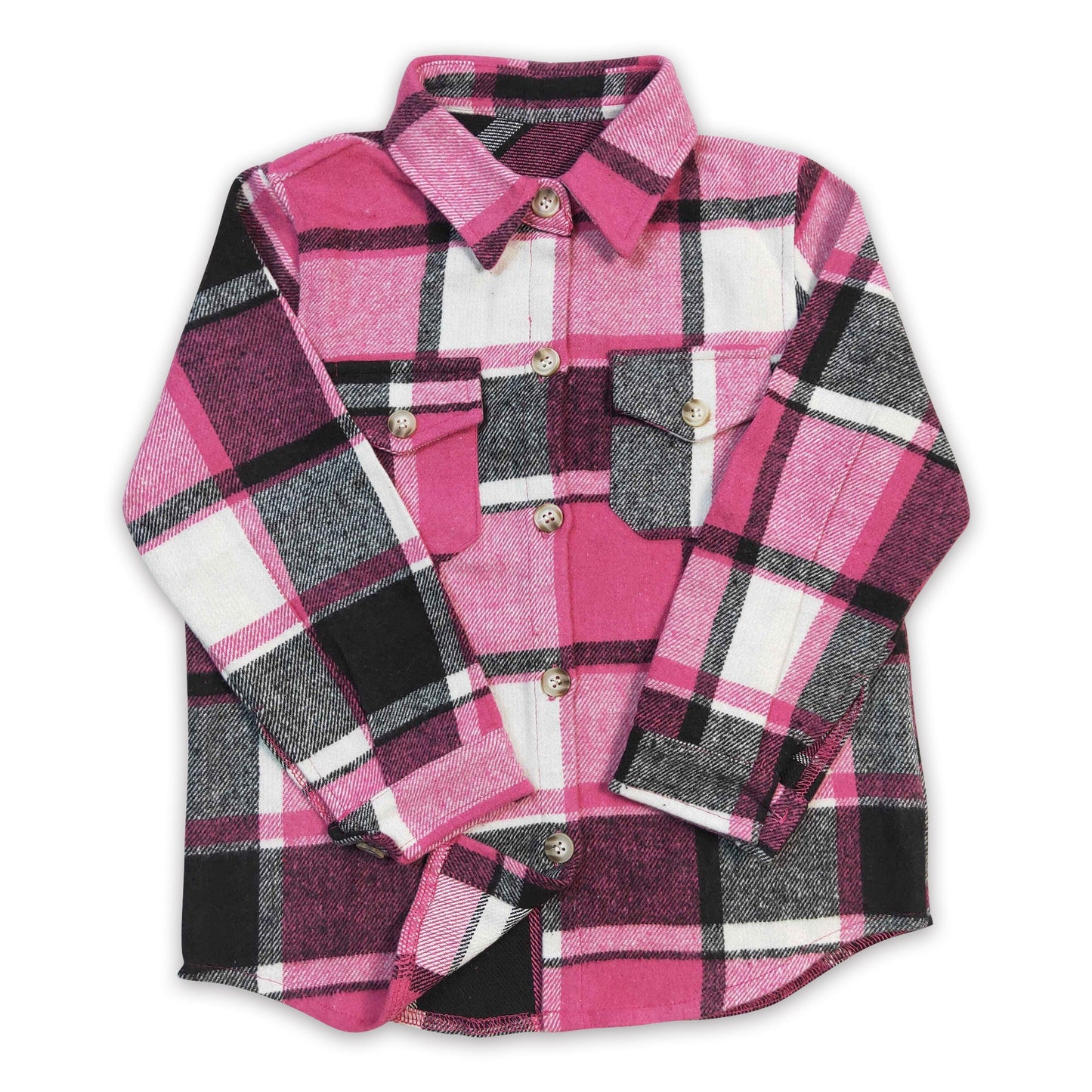 Hot Pink plaid cotton pockets baby girls Valentine's flannel button up shirt