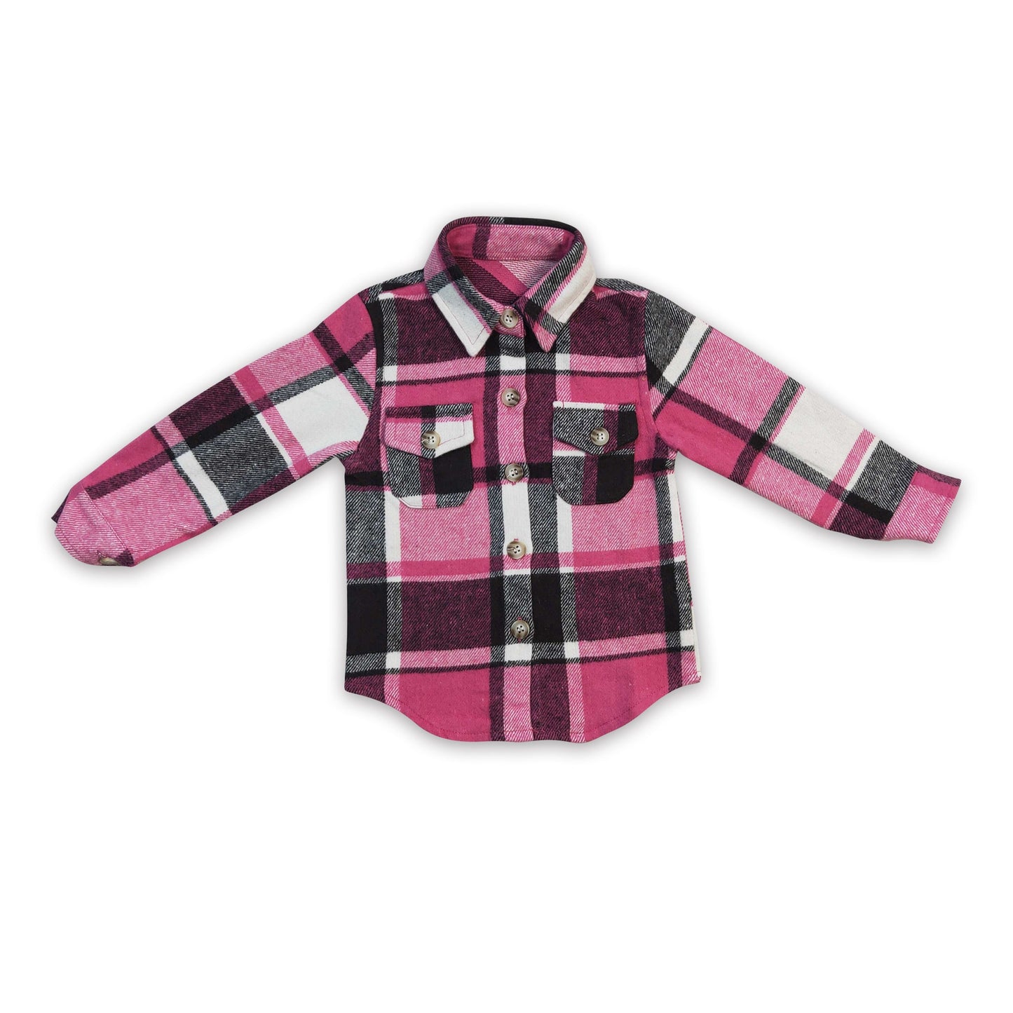 Hot Pink plaid cotton pockets baby girls Valentine's flannel button up shirt