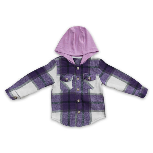 Purple plaid shirt pocket girls flannel button up hoodie