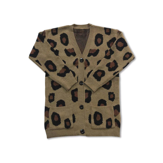 Brown leopard pockets cardigan girls sweater