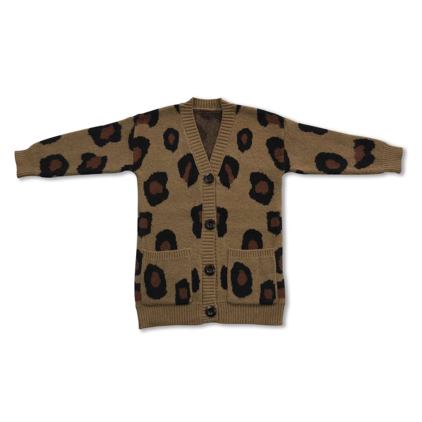 Brown leopard pockets cardigan girls sweater