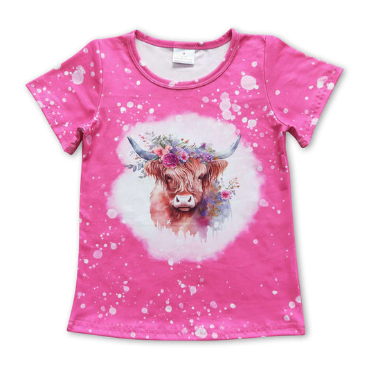 Pink floral highland cow short sleeves baby girls shirt