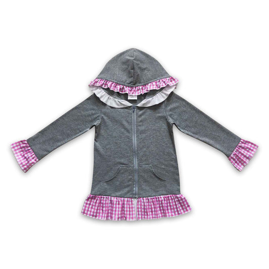 Grey cotton pink plaid zipper hooded girls jacket