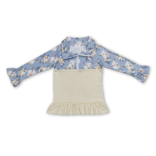 Highland cow floral ruffle baby girls zipper pullover