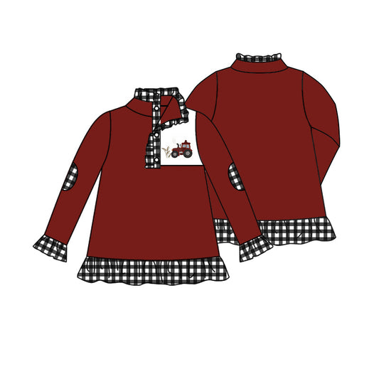 Red tractor plaid kids girls pullover