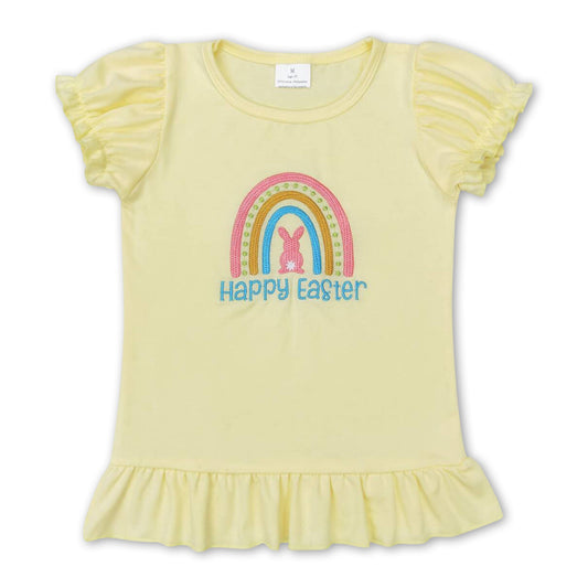 Yellow short sleeves rainbow bunny happy easter girls shirt