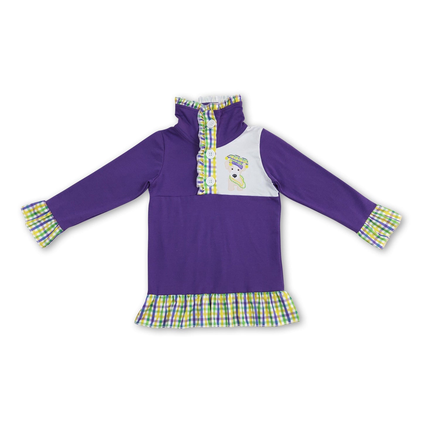 Plaid ruffle dog girls mardi gras zipper pullover