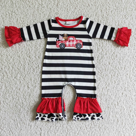 Cow truck embroidery stripe baby girls romper