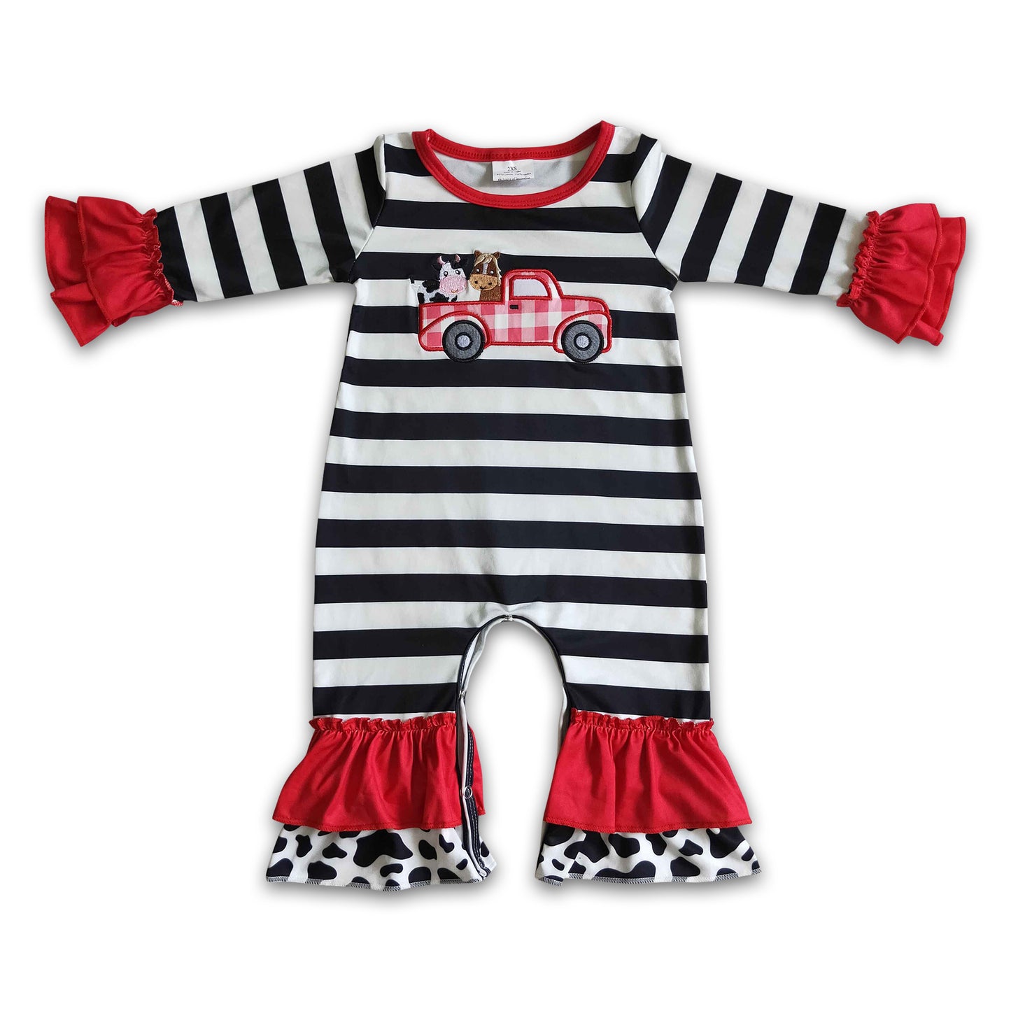 Cow truck embroidery stripe baby girls romper