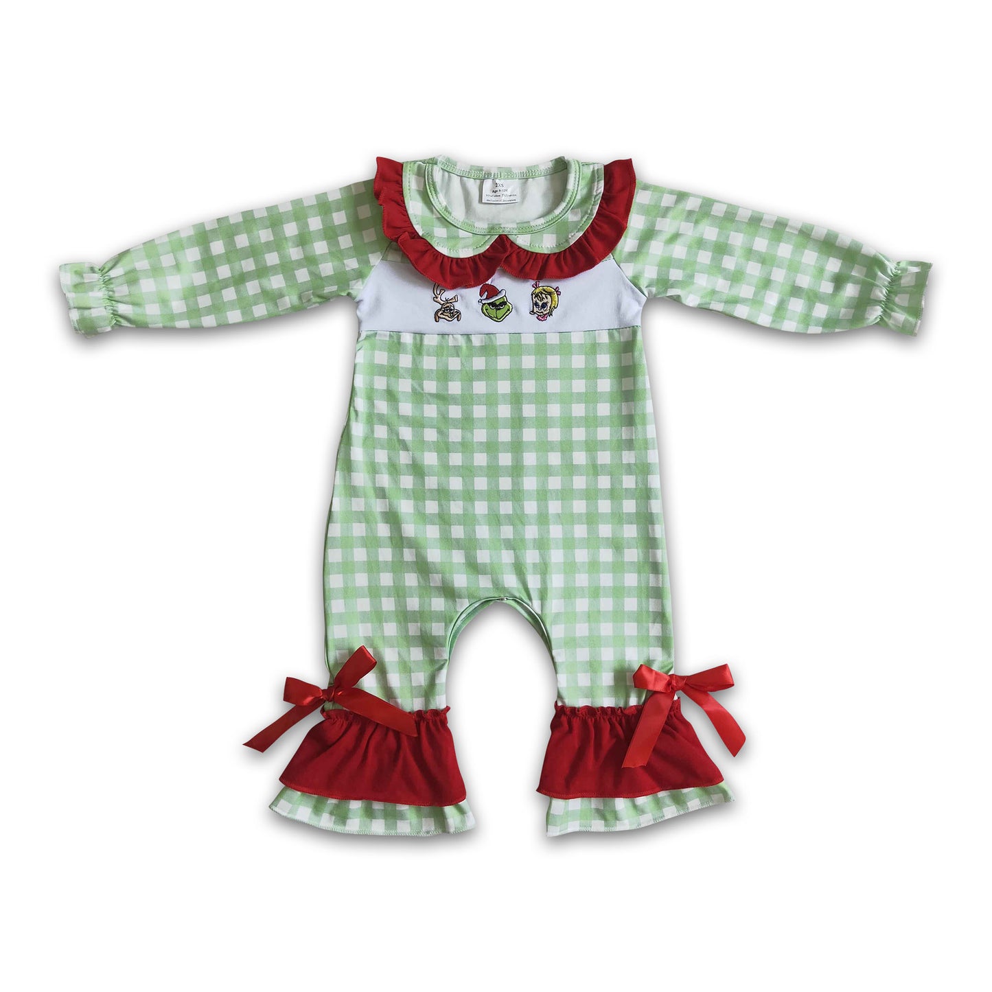 Red cotton green face embroidery baby girls Christmas romper