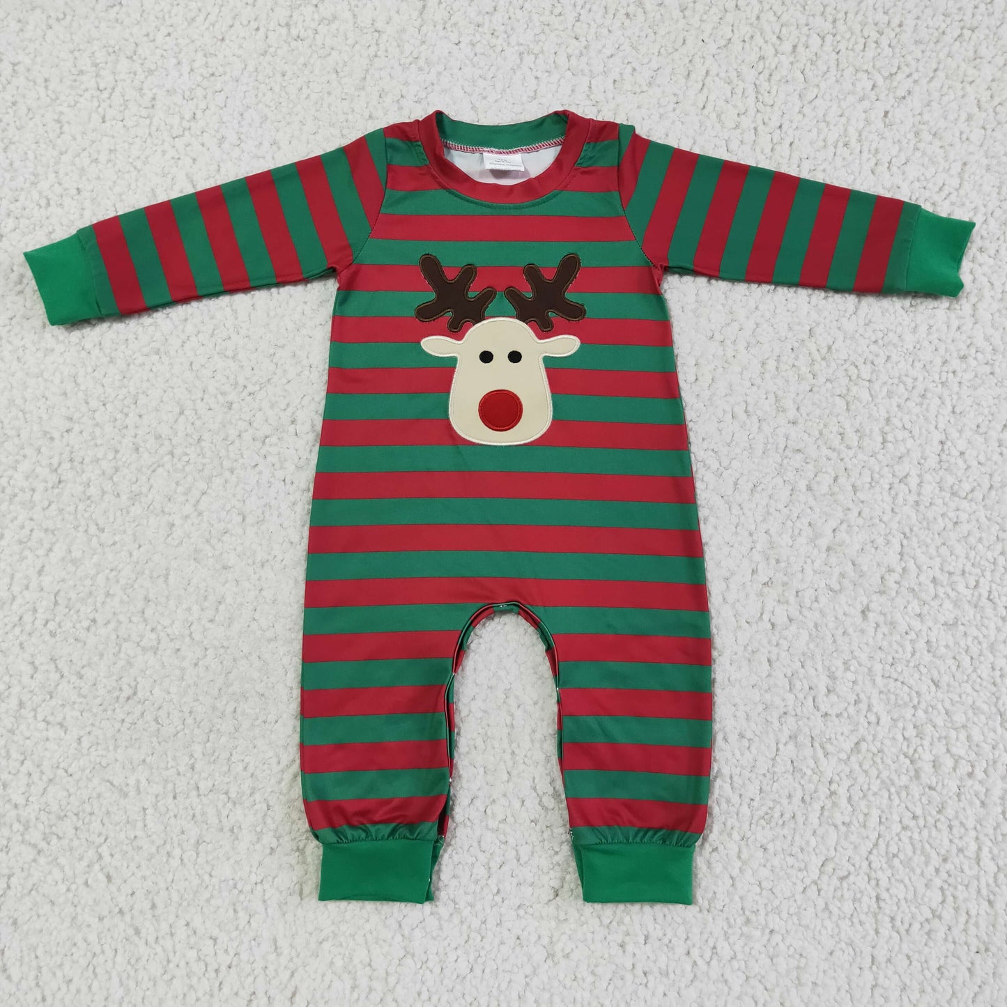 Red green stripe reindeer embroidery boy Christmas romper