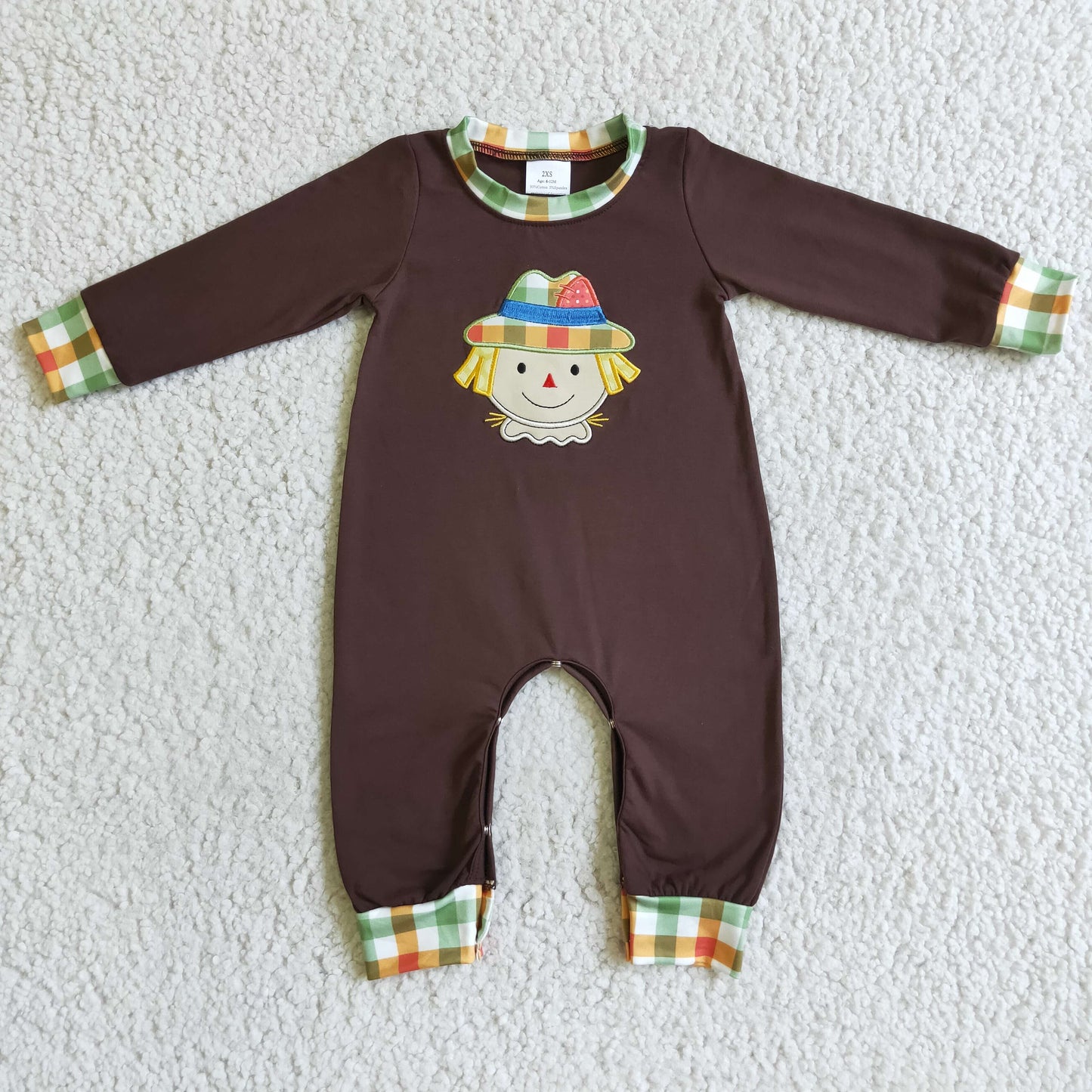 Scarecrow embroidery brown plaid baby boy Thanksgiving romper