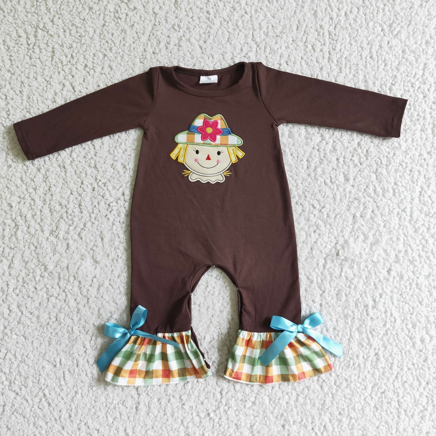 Scarecrow embroidery brown plaid baby Thanksgiving romper