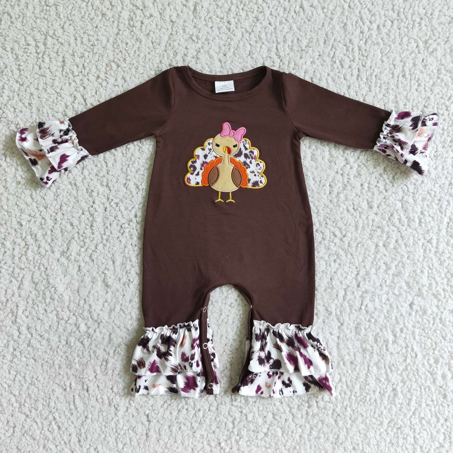 Turkey embroidery brown leopard baby Thanksgiving romper