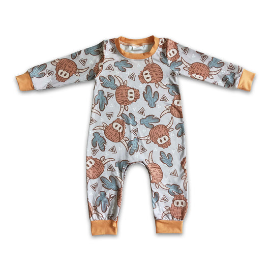 Highland cow cactus long sleeve brown baby boy romper