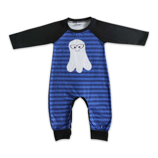 Ghost print blue stripe baby boy Halloween romper