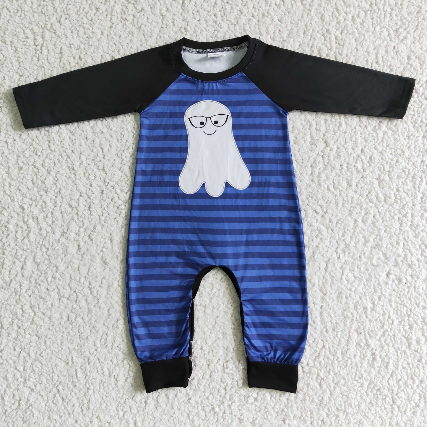 Ghost print blue stripe baby boy Halloween romper