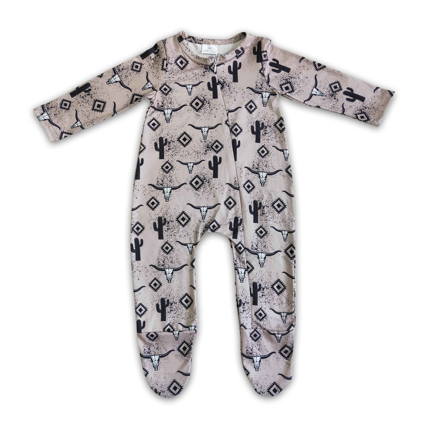 Bull skull cactus baby footed zip coverall