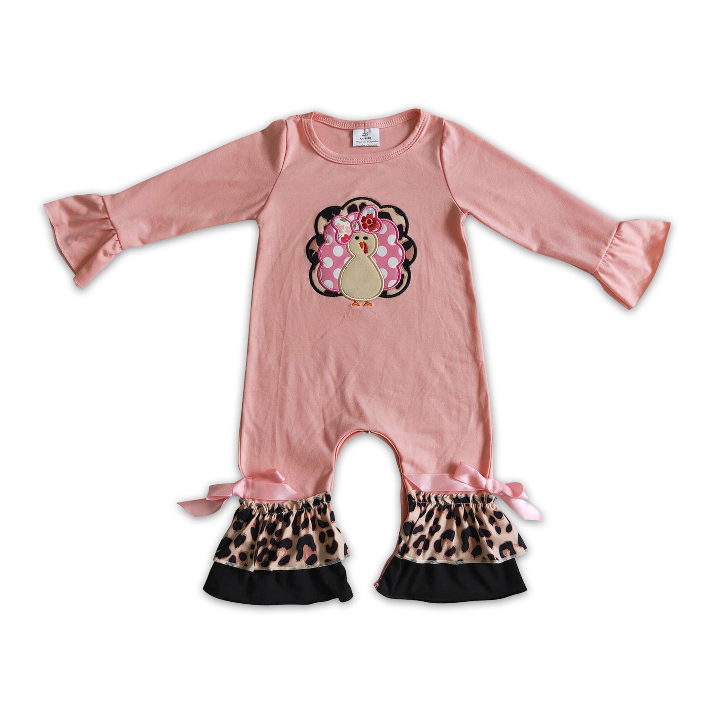 Pink turkey embroidery leopard ruffle baby Thanksgiving romper