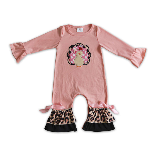 Pink turkey embroidery leopard ruffle baby Thanksgiving romper