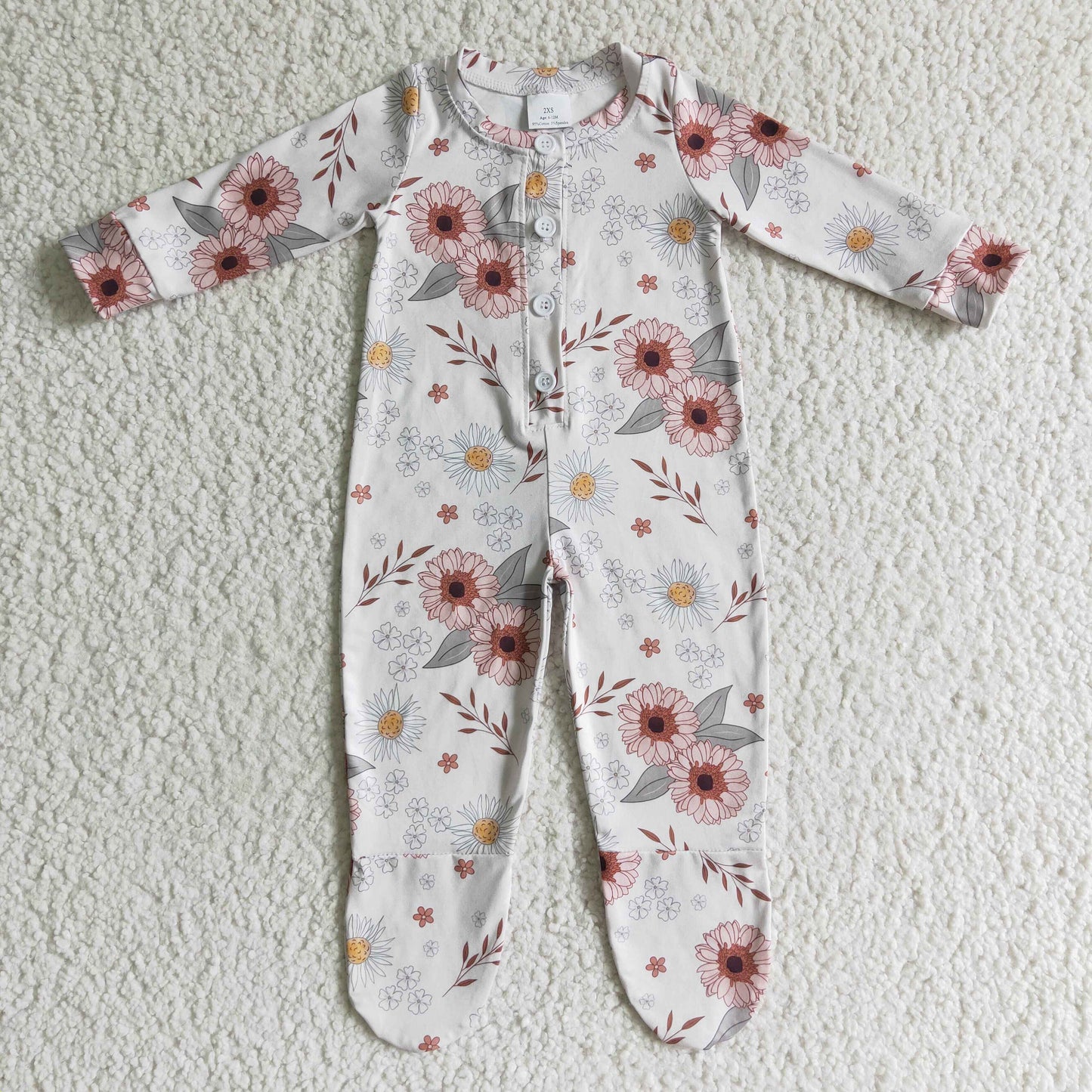 Pink floral long sleeve baby girls fall footed snaps coverall