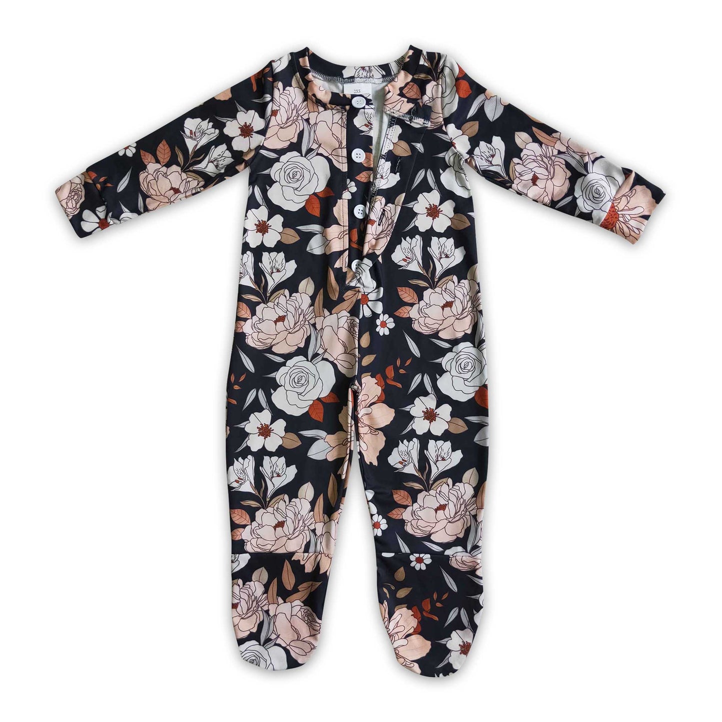 Black floral long sleeve baby footed snaps coverall