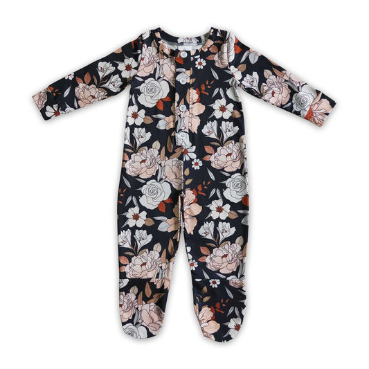 Black floral long sleeve baby footed snaps coverall