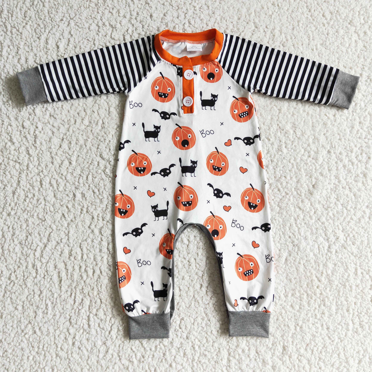 Stripe sleeves pumpkin bat boo baby boy Halloween romper
