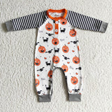Stripe sleeves pumpkin bat boo baby boy Halloween romper