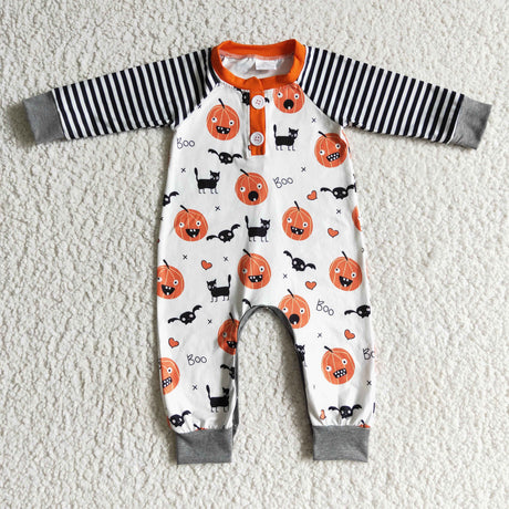 Stripe sleeves pumpkin bat boo baby boy Halloween romper