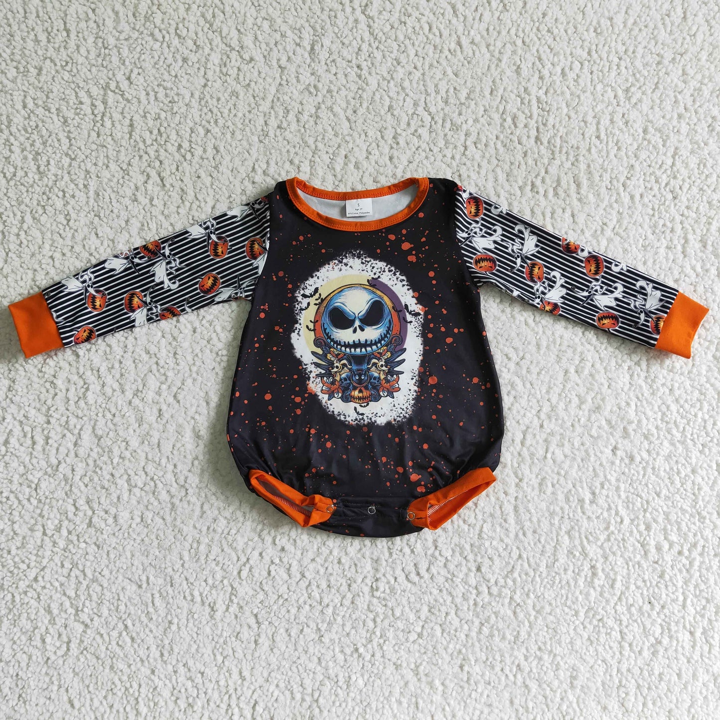 Skull pumpkin stripe sleeves baby girls Halloween romper