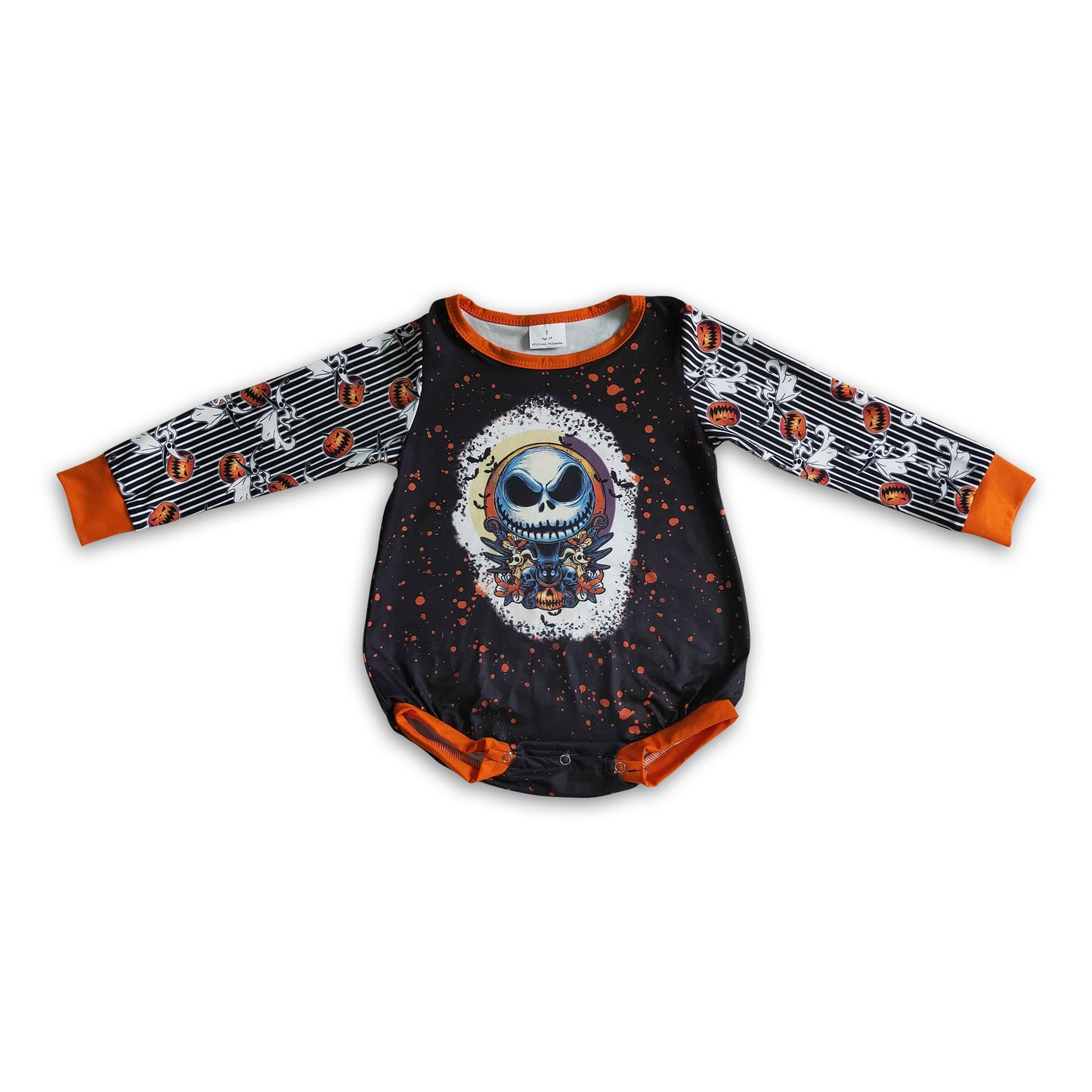 Skull pumpkin stripe sleeves baby girls Halloween romper