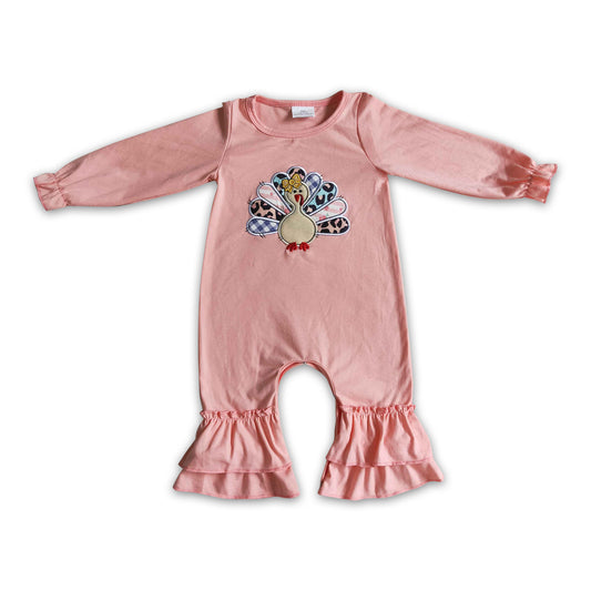 Turkey embroidery pink baby girls Thanksgiving romper