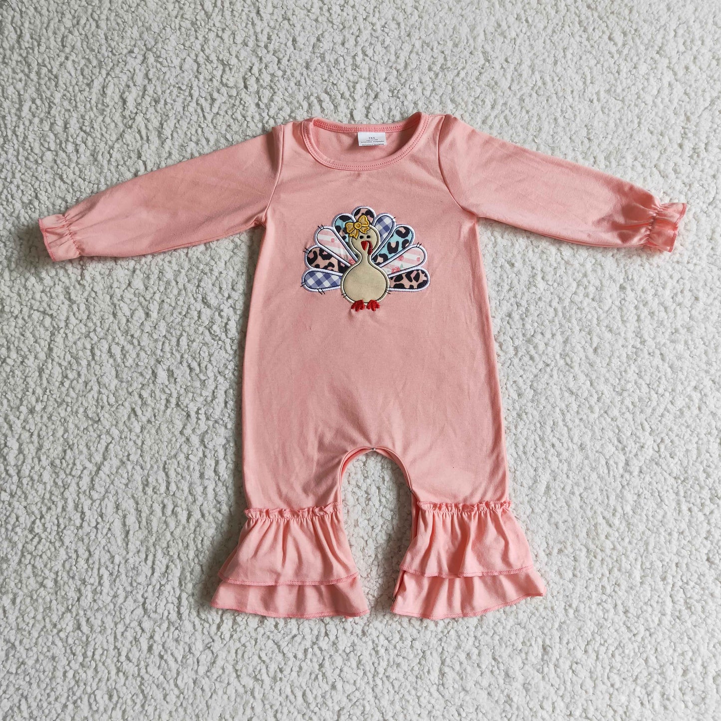 Turkey embroidery pink baby girls Thanksgiving romper