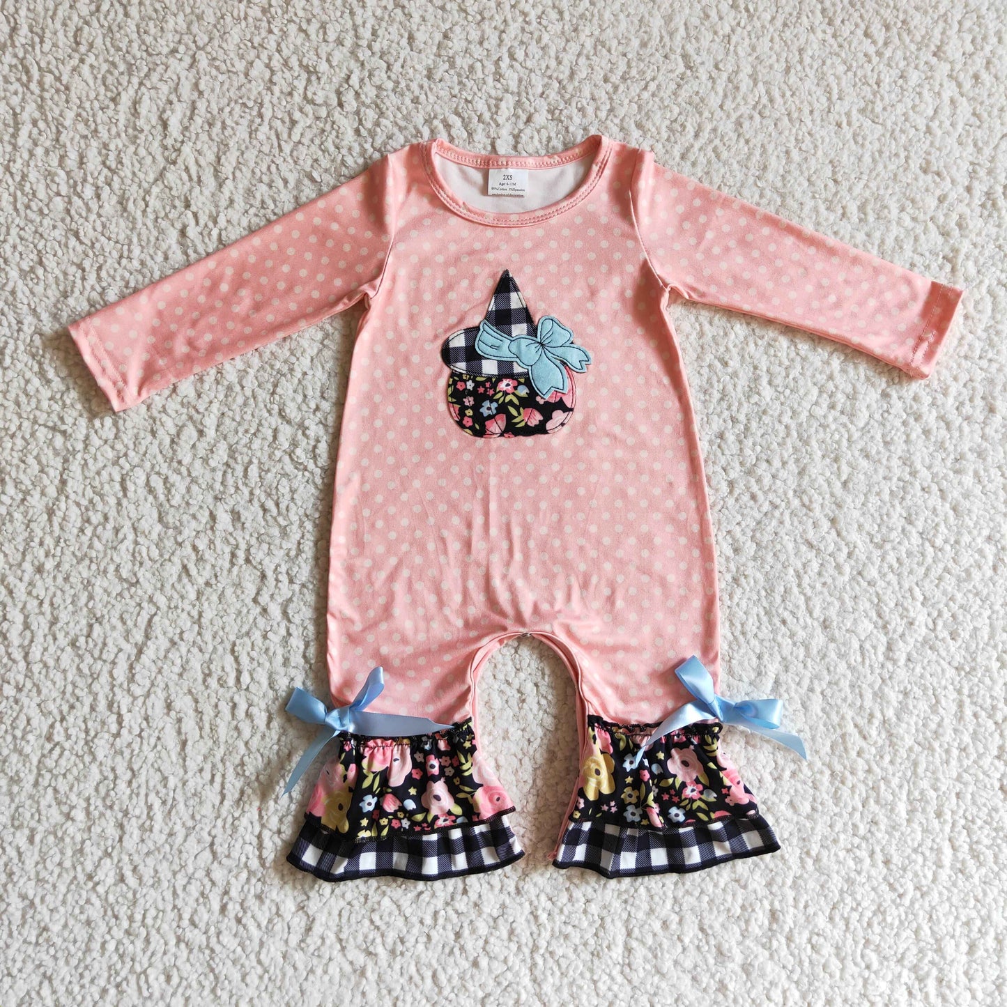 Pink polka dots floral pumpkin witch baby Halloween romper