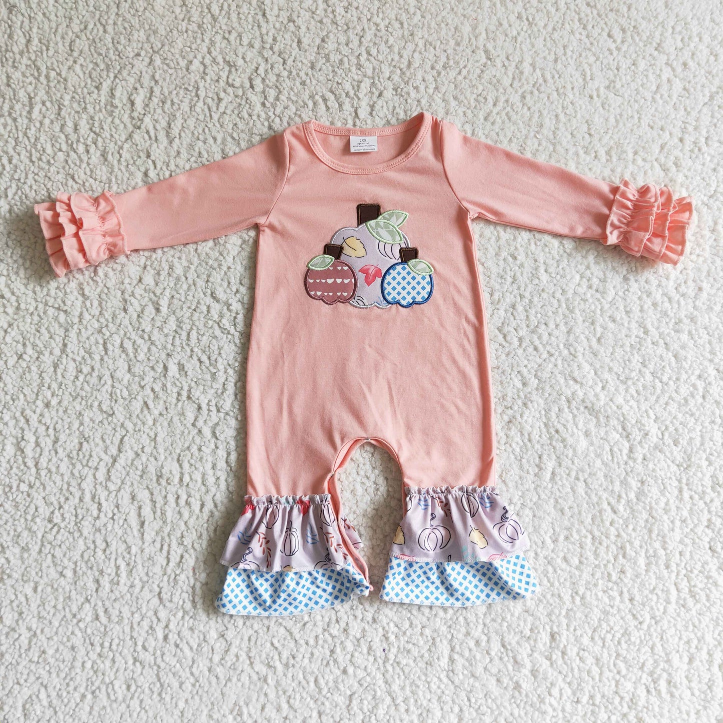 Pumpkin embroidery pink baby girls fall romper