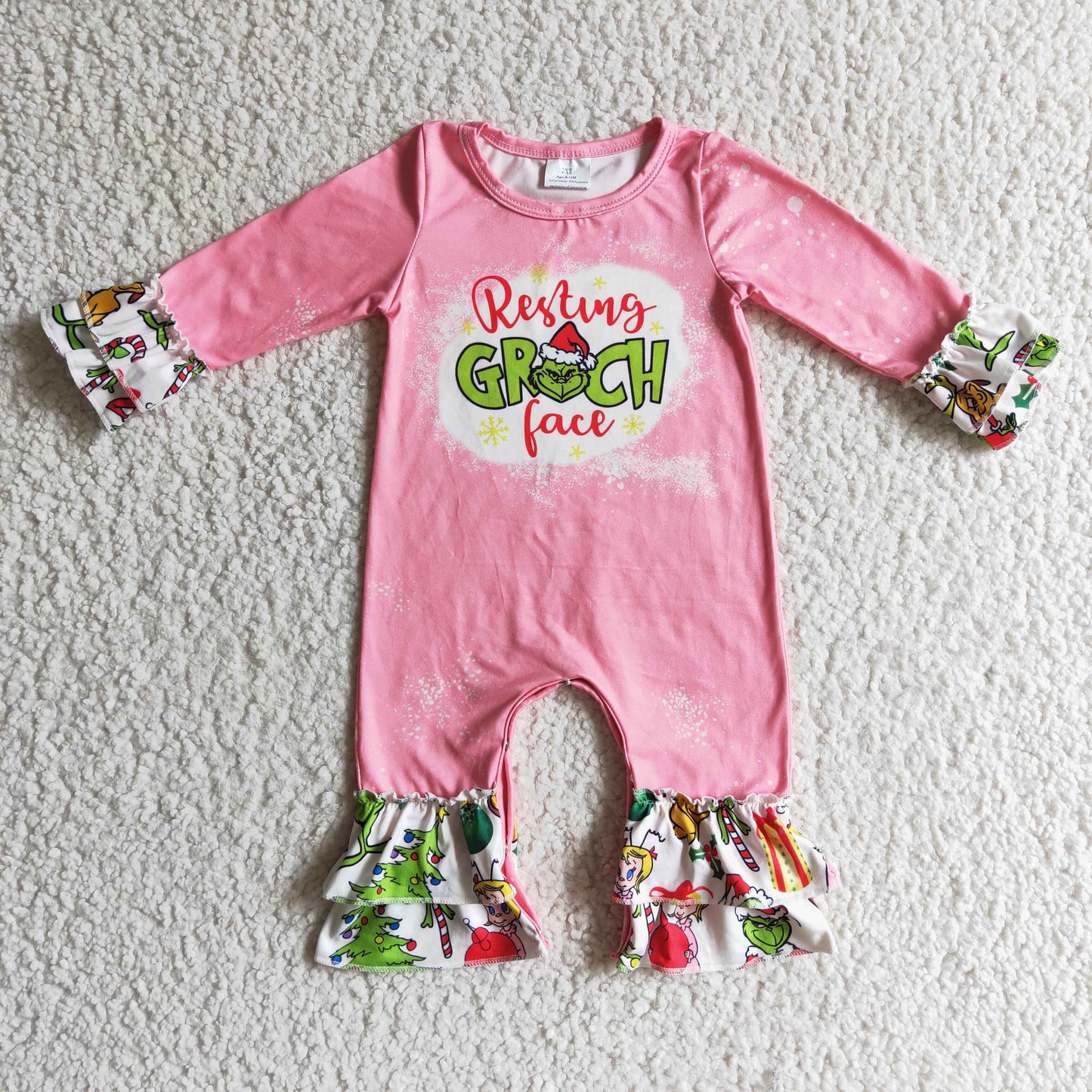Pink green face bleached baby girls ruffle Christmas romper