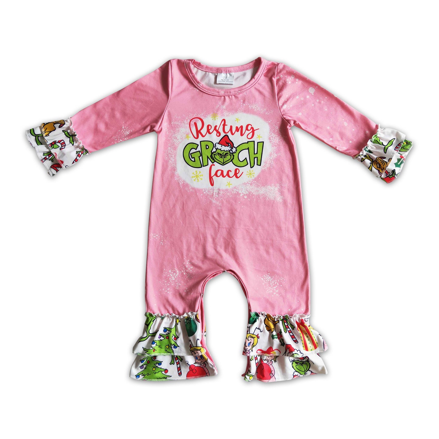 Pink green face bleached baby girls ruffle Christmas romper