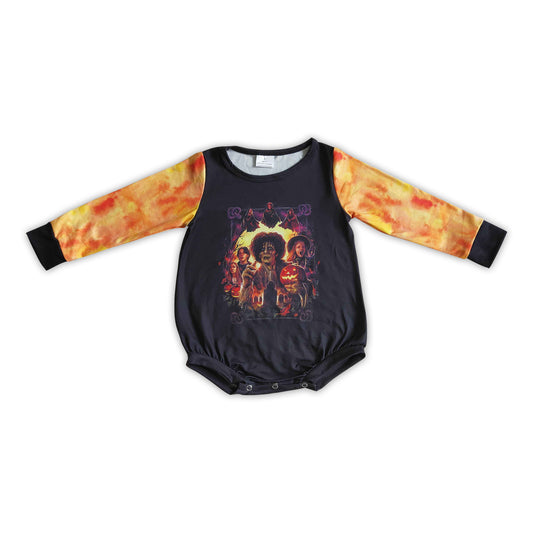 Yellow tie dye sleeves pumpkin baby girls Halloween rompers