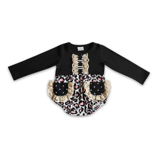 Leopard lace pocket romper baby girls fall bubble