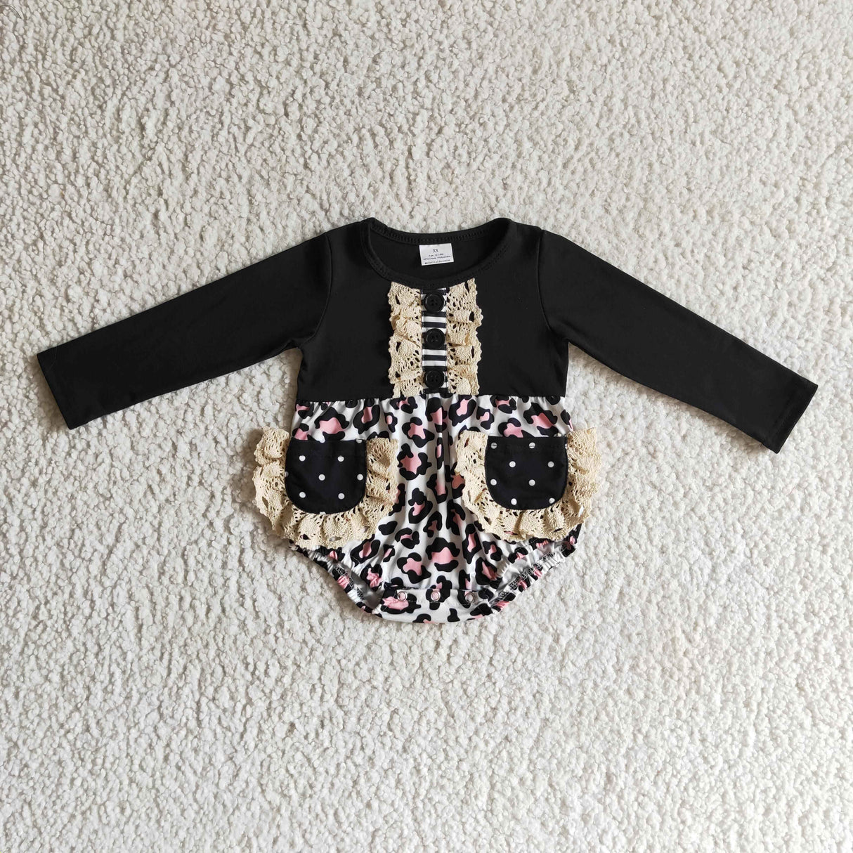 Leopard lace pocket romper baby girls fall bubble