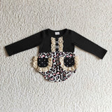 Leopard lace pocket romper baby girls fall bubble