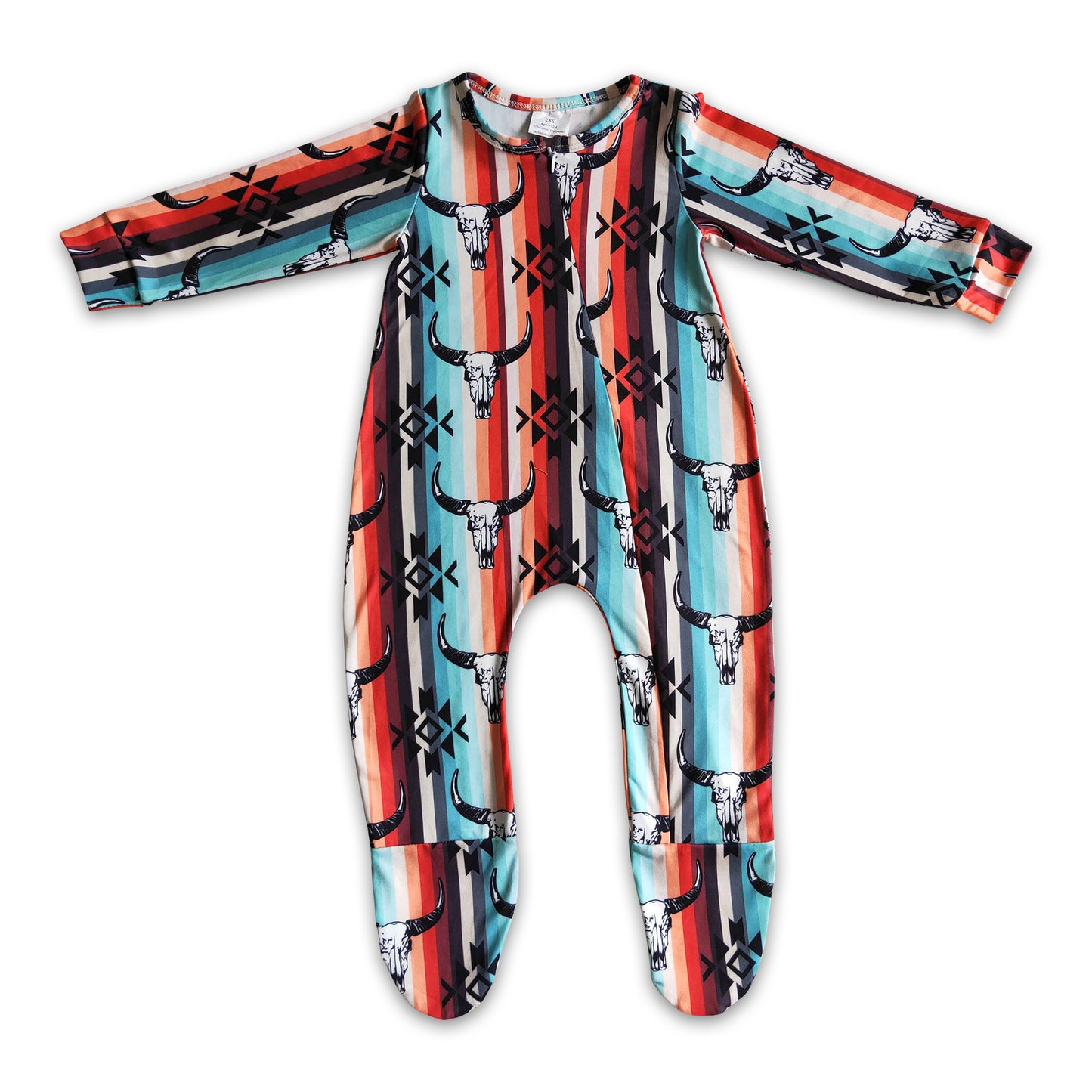 Bull skull aztec baby kids footed zip coverall